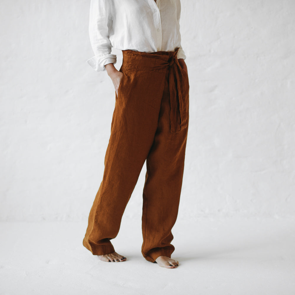 WRAP LINEN TROUSERS MUSTARD